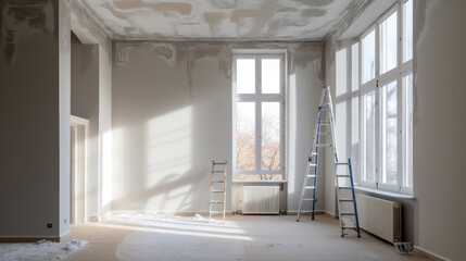 A Room Undergoing Renovation Painted in Grey Color