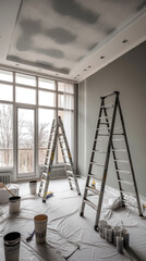 A Room Undergoing Renovation Painted in Grey Color
