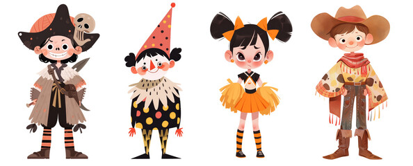 Obraz na płótnie Canvas Four Illustrations of children in Halloween costumes with transparent background by generative AI