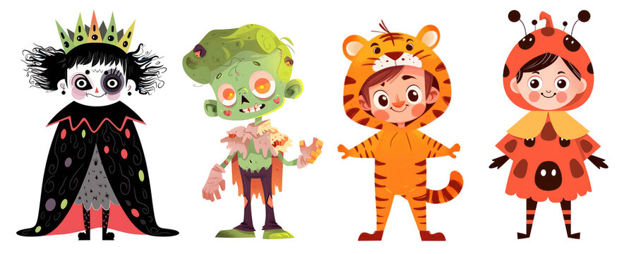 Four Illustrations of children in Halloween costumes with transparent background by generative AI