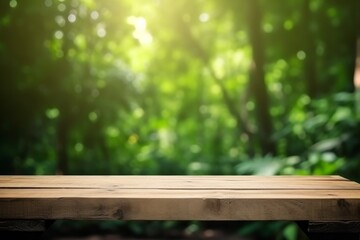 Wooden table and blurred green nature garden background, Generative ai