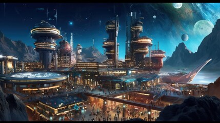 Fototapeta na wymiar Massive space station orbiting a distant planet or a futuristic spaceport bustling with intergalactic travelers and traders