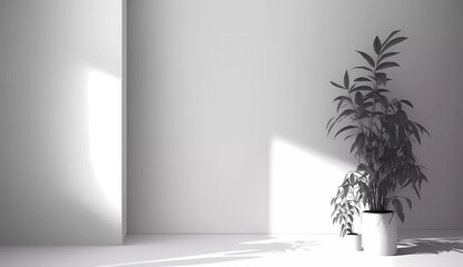 Minimalization Green plant on the background of white walls. Generative AI