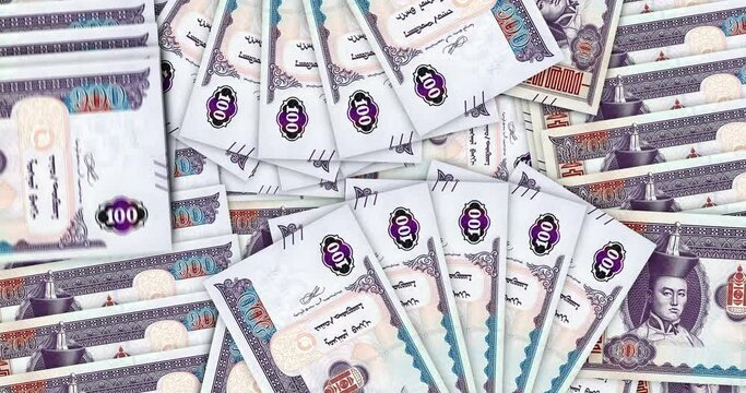 Mongolian Togrog banknotes in a cash fan mosaic pattern loop. Mongolia Tugrik 100 money notes. Abstract concept of bank, finance, economy seamless and looped decorative design background.