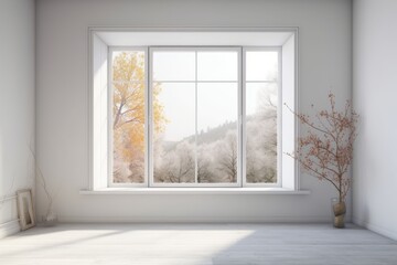 Modern empty room with landcape in window, Generative ai