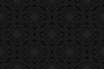 Obraz na płótnie Canvas Embossed vintage black background, cover ethnic design. Geometric 3D pattern, press paper, leather. Boho, handmade. Tribal flavor, original art of the East, Asia, India, Mexico, Aztec, Peru.