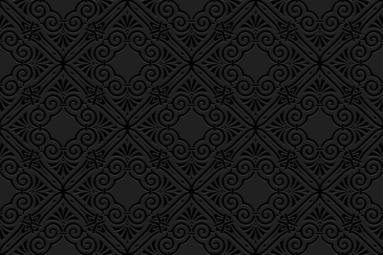 Embossed vintage black background, cover ethnic design. Geometric 3D pattern, press paper, leather. Boho, handmade. Tribal flavor, original art of the East, Asia, India, Mexico, Aztec, Peru. © swetazwet