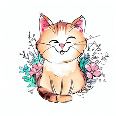 Joyful Paws: Watercolor Cat Illustration, Generative AI