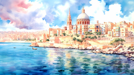 Illustration of beautiful view of Valletta, Malta - obrazy, fototapety, plakaty