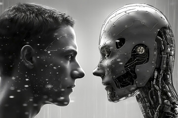 Close-up of young man vs AI. Generative AI.