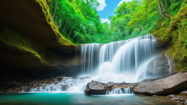 An Image Of A Refreshingly Original Waterfall In A Lush Green Forest