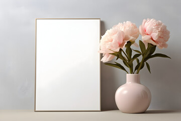 Frame poster mockup, scandinavian style interior with peony flowers in a vase and home decoration on empty neutral white wall background. Generated AI.