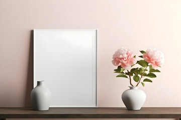 Frame poster mockup, scandinavian style interior with peony flowers in a vase and home decoration on empty neutral pastel wall background. Generated AI.