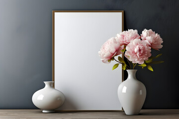 Frame poster mockup, scandinavian style interior with peony flowers in a vase and home decoration on empty neutral dark wall background. Generated AI.