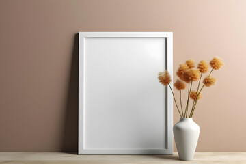 Frame poster mockup, scandinavian style interior with summer flowers in a vase and home decoration on empty neutral pastel wall background. Generated AI.