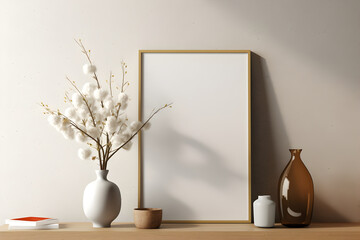 Frame poster mockup, scandinavian style interior with summer flowers in a vase and home decoration on empty neutral white wall background. Generated AI.