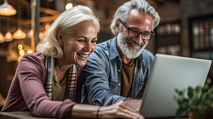 Senior middle aged happy couple embracing using laptop together, smiling elderly family reading news, shopping online at home, social networking concept. Generative AI