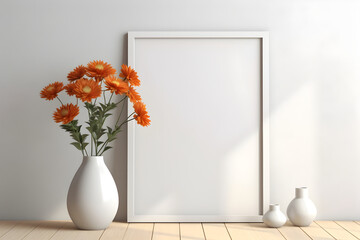 Frame poster mockup, scandinavian style interior with summer daisy flowers in a vase and home decoration on empty neutral white wall background. Generated AI.