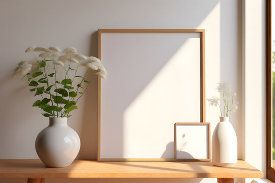 Frame poster mockup, scandinavian style interior with summer flowers in a vase and home decoration on empty neutral white wall background. Generated AI.