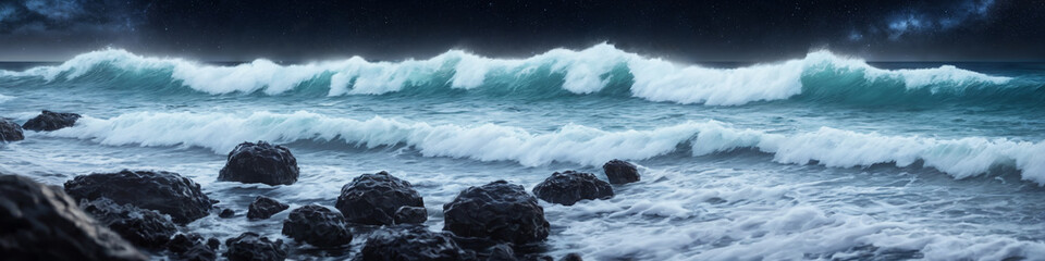 Night panorama of ocean waves crashing on a rocky shore and big stones in the foreground in the water. Seascape illustration. Generative AI