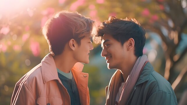 Happy Multinational, Asian, Gay Couple Enjoying A Walk In The Park Together During A Date, Sunlight, Smiling, Laughing, LGBT Couple Concept, AI Generated