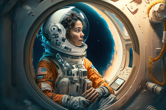 Female astronaut inside of space ship, generative ai