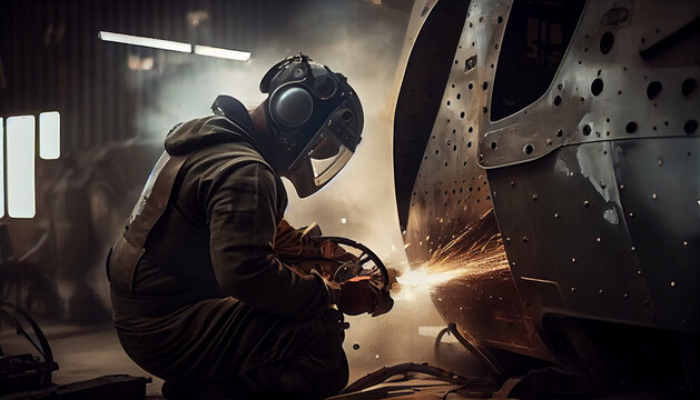 Skillful metal worker working with plasma welding machine in shipyard while wearing safety equipment. Metalwork manufacturing and construction maintenance service by manual skill labor Generative AI