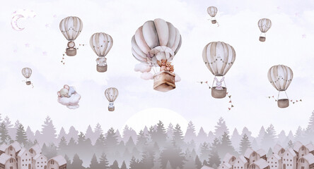 Baby's animals in hot air ballons, pines, clouds and little houses