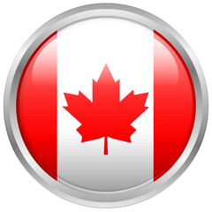 Round glass button framed in silver of the flag of Canada