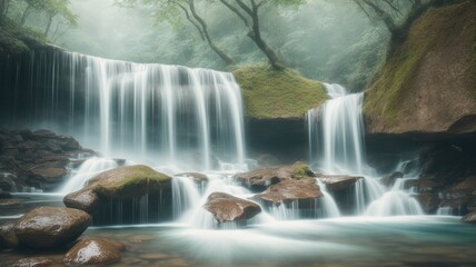 A Picture Of A Radiantly Luminous Waterfall In A Forest