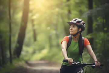 Woman riding mountain bike in jungle trails, Generative AI