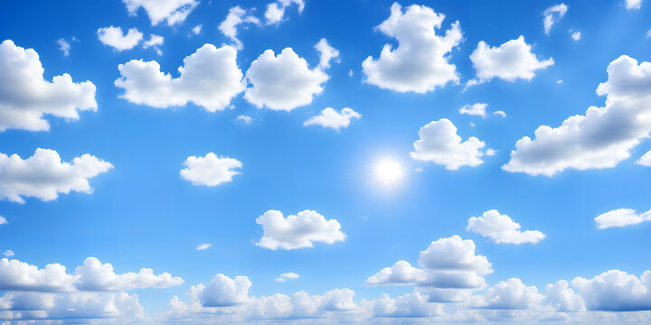 Illustration with a beautiful blue sky with a cumulus clouds and a bright sun. Background with cloudy sky. Sunny spring or summer day. Generative AI © Aleksei Solovev