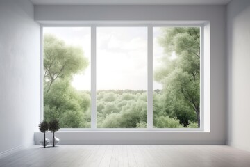 Fototapeta na wymiar White empty room with green landscape in window, Generative ai