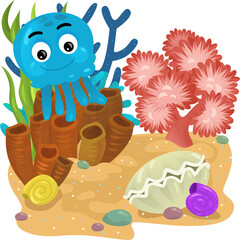 cartoon scene with coral reef with swimming octopus or gelly fish isolated element illustration for kids