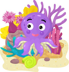 cartoon scene with coral reef with swimming fish octopus isolated element illustration for kids