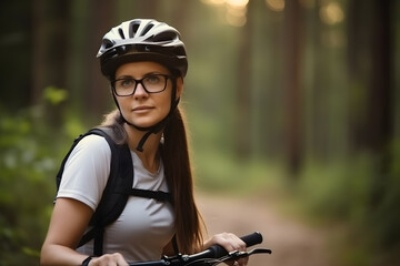Fototapeta na wymiar Portrait of caucasian woman wearing biking helmet, Generative AI