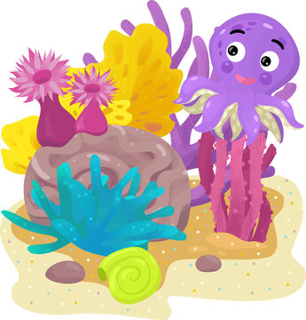 cartoon scene with coral reef with swimming fish octopus isolated element illustration for kids