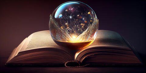 A magical crystal glowing brightly in the dark on the pages of an open old magical book. Generative AI