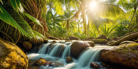 Jungle on a sunny day. Beautiful tropical rainforest illustration with exotic plants, palms, big leaves and flowing water. Bright sunbeams. Background with pristine nature landscape. Generative AI