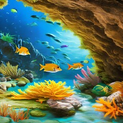 Fototapeta na wymiar 1217 Magical Underwater Caves: A magical and enchanting background featuring underwater caves with glowing aquatic plants, vibrant sea life, and a dreamy underwater atmosphere2, Generative AI