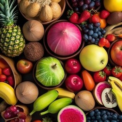 Assortment of fresh fruits and berries in rainbow colors. AI generative illustration.