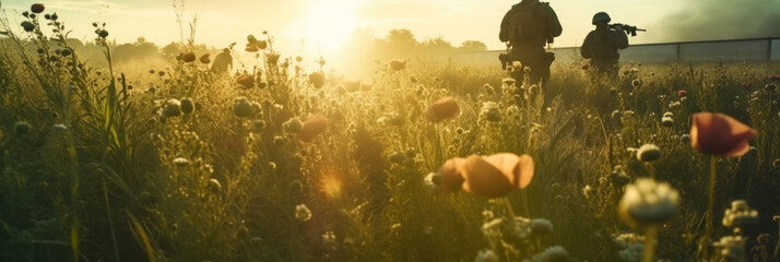 Army soldiers on poppy flowers field against a sunset, surrounded fog. AI generative illustration.