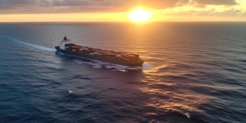 Aerial top view of container cargo ship in the open sea. AI generative illustration.