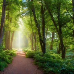 1169 Enchanted Forest Path: A mystical and enchanting background featuring an enchanted forest path with towering trees, dappled sunlight, and a magical and ethereal atmosphere4, Generative AI