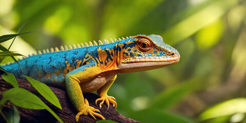 Tropical lizard in jungle on a sunny day. Rainforest illustration with bright colorful reptile among exotic plants with big leaves. Background with pristine nature landscape. Generative AI