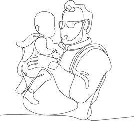 Hugs of a father with a child. One continuous line drawing banner, background, poster with family embrace. Happy Father Day simple vector illustration of child and father. Vector illustration