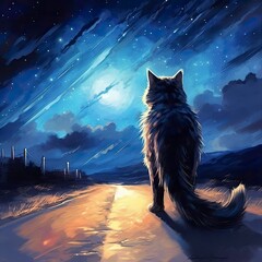 cat at night looking out into the street Generative Ai