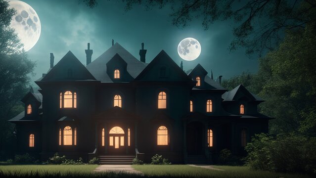 A Scene Of A Harmoniously Abstracted Image Of A House With A Full Moon In The Background