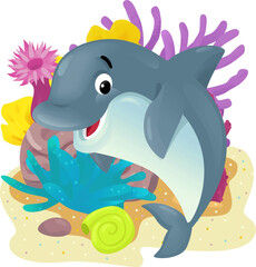 cartoon scene with coral reef with swimming cheerful fish isolated element illustration for children