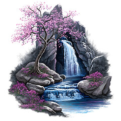 Cherry Blossoms, Waterfalls, and Woodland Streams on the Majestic Mountain Edge | Tshirt | Frame Art | Book Cover